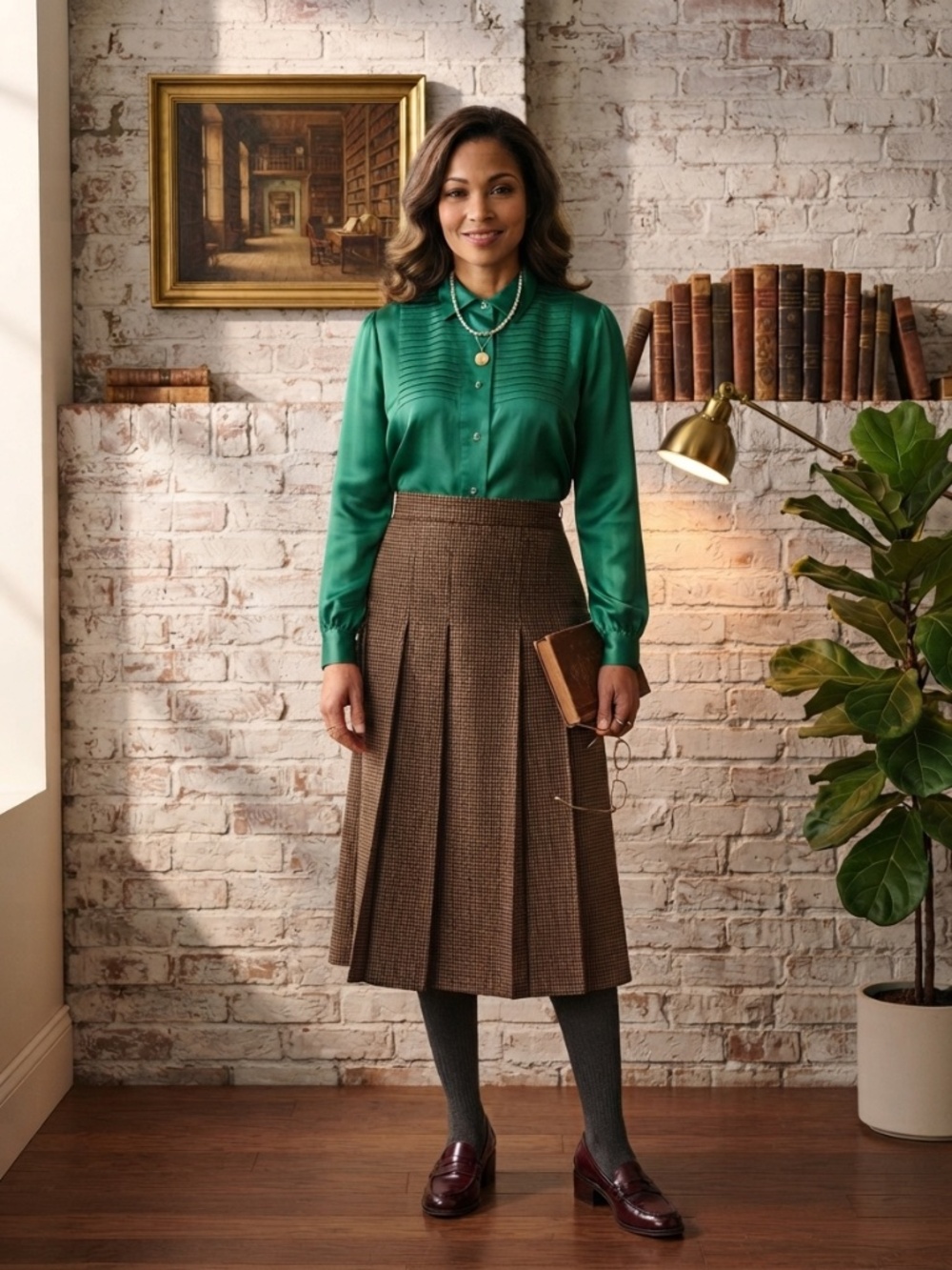 VTG 80s Emerald Green Satin Blouse Pleated Yoke Balloon Sleeve Retro M/L